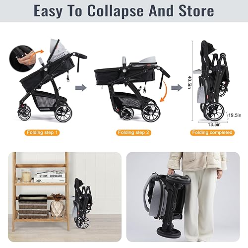 Baby Stroller, 2-in-1 Reversible Stroller with Bassinet Mode, Foldable Infant Stroller with Canopy, One Button Brake, Adjustable Handle, Newborn Stroller (Gray) - Jamouz