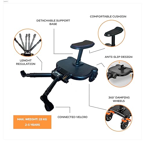2025 New - MateQ Universal Stroller Board with Detachable Seat – 2in1 Sit or Stand Ride-On for Toddlers – 360° Swivel Wheels, Easy Fit for 99% of Strollers, Holds Up to 55 lbs - Jamouz