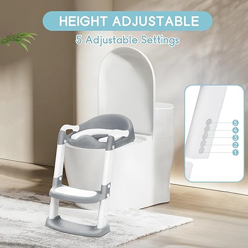 Potty Training Toilet with Step Stool Ladder, Toddler Kids Potty Training Seat for Boys Girls, Foldable Anti-Slip Toilet Toddler Seat Splash Guard Soft Cushion Safety Handles (Grey) - Jamouz