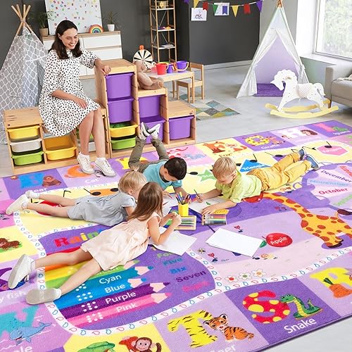 Large Playroom Rug Daycare Kids Rug 7x10,Educational and Fun Nursery Rug with ABC Alphabet Animals Classroom Rug Washable Kids Play Mat Baby Toddler Children Girls Rugs for Bedroom,Beige - Jamouz