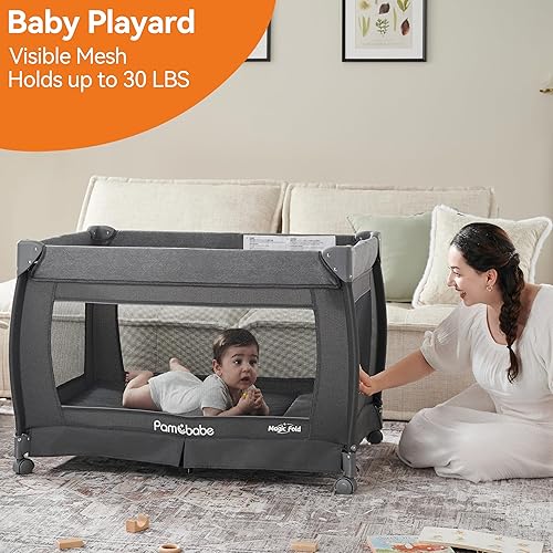 Pamo Babe 3-in-1 Baby Playard, Basic Magic Fold Nursery Center with Zip Door & Changing Table, One Second to Set Play Yard - Jamouz