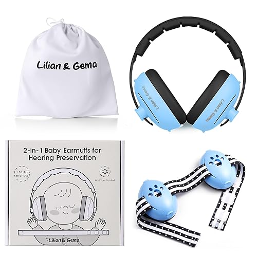 Lilian&Gema 2-in-1 Baby Ear Muffs Noise Protection, Adjustable Headphones with Stretchy Band, Noise Cancelling for Toddler up to 4 Years, Airplane Essentials/Outdoor, White - Jamouz