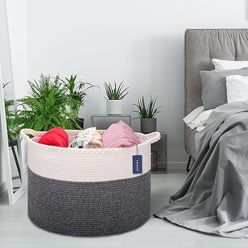 COMSE Extra Large Blanket Basket, Storage Basket, Laundry Basket, 21.7”x 13.8”, Laundry Hamper, Cotton Rope Basket, Blanket Basket Living Room, Toy Basket (White & Cadet Blue & Navy Blue) - Jamouz