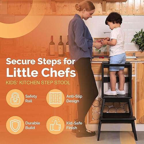 SDADI Kids Kitchen Step Stool Holds up to 150 Pounds with Safety Rail, White - Jamouz