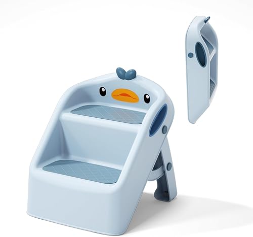 Toddler Step Stool, Blue, Foldable 2 Step Stool for Kids Bathroom Sink Potty Toilet, 15' Height(Include 11' Two Steps & 4' Back Support), Cute & Lightweight Gift to Give Todders 1-3 More Independence - Jamouz
