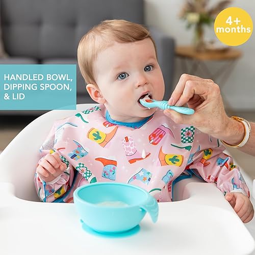 Bumkins Baby Bowl, Silicone Baby Feeding Set with Suction for Baby and Toddler, Includes Spoon and Lid, First Feeding Set, Essential for Baby Led Weaning for Babies 4 Months, Pink - Jamouz