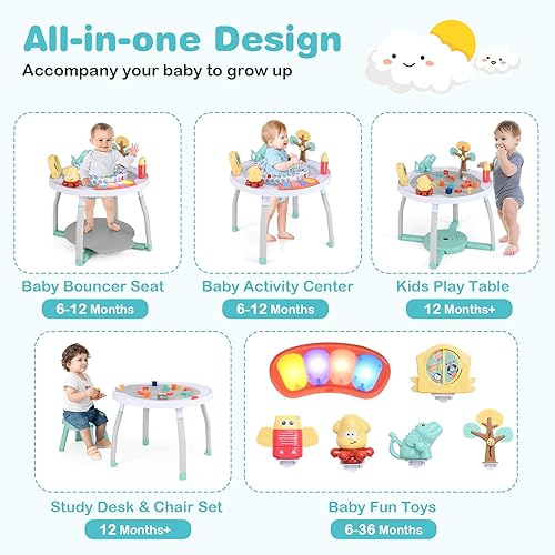 BABY JOY 5 in 1 Baby Activity Center, Baby Jumpers and Bouncers with Removable Toys, Lights & Music, 3 Adjustable Heights, Interactive Play Center for Toddlers Boys Girls 6-36 Months (Blue) - Jamouz