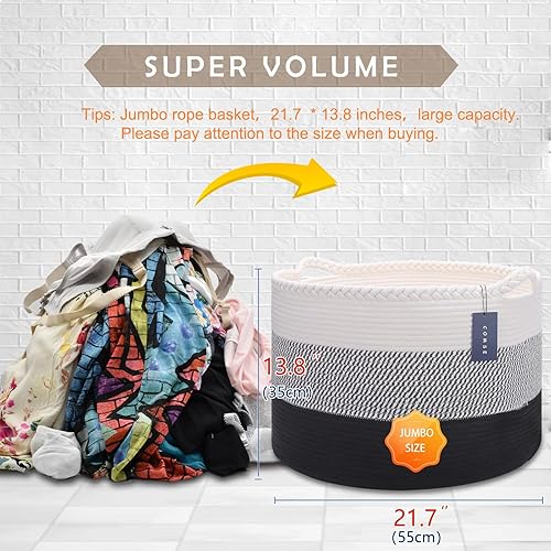 COMSE Extra Large Blanket Basket, Storage Basket, Laundry Basket, 21.7”x 13.8”, Laundry Hamper, Cotton Rope Basket, Blanket Basket Living Room, Toy Basket (White & Cadet Blue & Navy Blue) - Jamouz