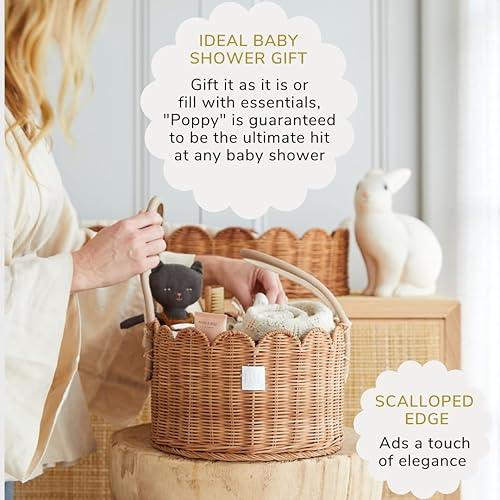 Premium Baby Diaper Caddy Organizer - Handmade & Award-Winning Scalloped Rattan Basket - Luxury Diaper Caddy Basket - Elegant Scalloped Edge (Natural) - Jamouz