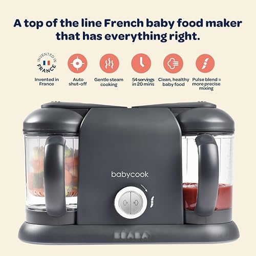 BEABA Babycook Duo 4 in 1 Baby Food Maker, Puree Steamer and Blender for Purees, Grinder with Auto Steam Cooking, Lrg 9.1 Cup Capacity, Makes 54 Servings in 20 Mins, Charcoal - Jamouz