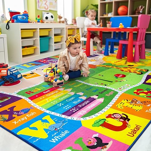 Large Playroom Rug Daycare Kids Rug 7x10,Educational and Fun Nursery Rug with ABC Alphabet Animals Classroom Rug Washable Kids Play Mat Baby Toddler Children Girls Rugs for Bedroom,Beige - Jamouz