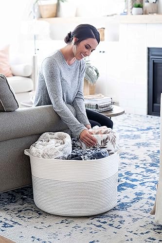 Little Hippo XXXL Large Cotton Rope Basket (22'x14') 100% Natural Cotton! Rope Basket, Woven Storage Basket, Large Basket, Blanket Basket Living Room, Toy Basket, Pillow Basket (White & Brown) - Jamouz