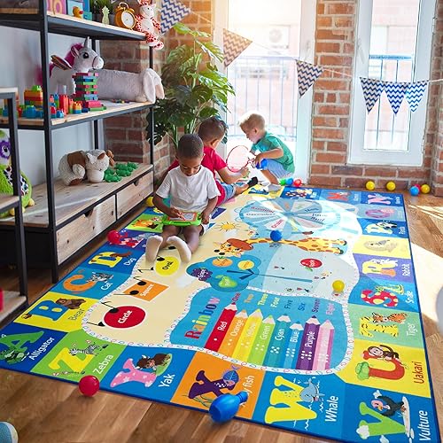Large Playroom Rug Daycare Kids Rug 7x10,Educational and Fun Nursery Rug with ABC Alphabet Animals Classroom Rug Washable Kids Play Mat Baby Toddler Children Girls Rugs for Bedroom,Beige - Jamouz