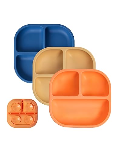 BABELIO Powerful Suction Plates for Baby and Toddler, 100% Food Grand Silicone, Divided, BPA Free, Microwave & Dishwasher Safe, Stay Put, 3 Pack - Jamouz