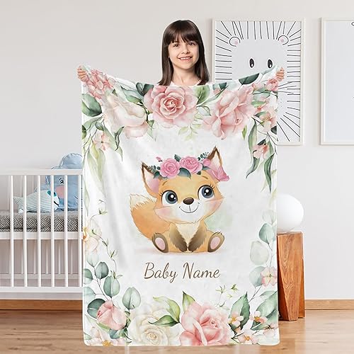 D-Story Personalized Baby Blankets for Girls, Custom Fox Childish Throw Blanket with Baby Name Custom Baptism Kids Blanket for Newborn Girls Baby Gift(30'x40') - Jamouz
