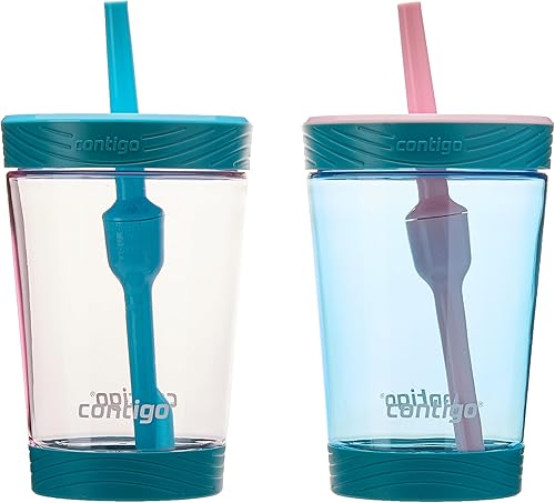 Contigo Kids Spill-Proof 14oz Tumbler with Straw and BPA-Free Plastic, Fits Most Cup Holders and Dishwasher Safe, 2-Pack Strawberry Cream & Blue Raspberry - Jamouz