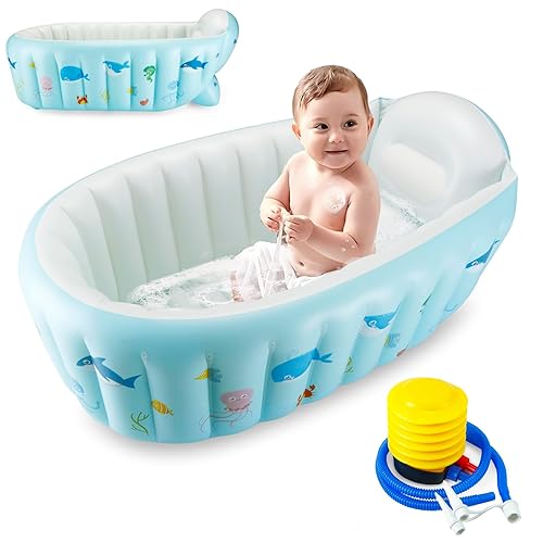 PandaEar Baby Inflatable Bathtub, Portable Travel Baby Infant Bath Tub Toddler Bathtub with Air Pump, Foldable Non-Slip Shower Basin Mini Air Swimming Pool for Newborn (Whale Blue) - Jamouz