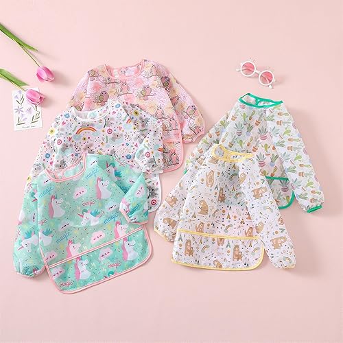 Long Sleeved Bibs, Pack of 5,Lightweight Waterproof Shirt Bibs for Baby Toddler 6-30 Months - Jamouz