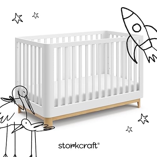 Storkcraft Santos 3-in-1 Convertible Crib (White with Natural) – GREENGUARD Gold Certified, Fits Standard Crib Mattress, Converts to Toddler Bed, Modern Style, Rounded Designer Details - Jamouz
