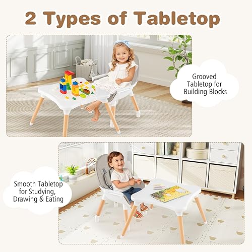 BABY JOY 5 in 1 High Chair, Convertible High Chairs for Babies and Toddlers/Booster Seat/Table and Chair Set, Infant Wooden Highchair w/ 5-Point Harness, 4-Position Removable Tray & PU Cushion, Coffee - Jamouz