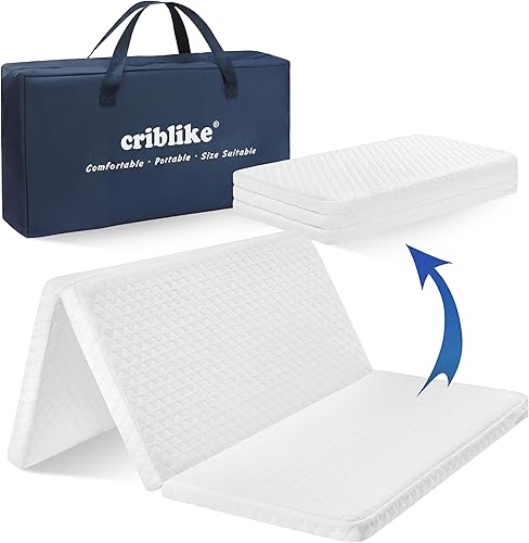 Trifold Pack and Play Mattress Pad Waterproof 38'x 26', Pack N Play Mattresses or Travel with Carry Bag, Mattress for Pack and Play Topper with Washable Cover, Baby Essentials Items - Jamouz