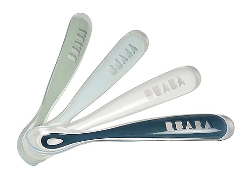 BEABA Baby's First Foods Spoon Set, Original Silicone Baby Spoons, Baby Essentials, Baby Spoons, Pack of 4 Baby Gift Set, BPA Lead & Phthalate Free, Rain - Jamouz