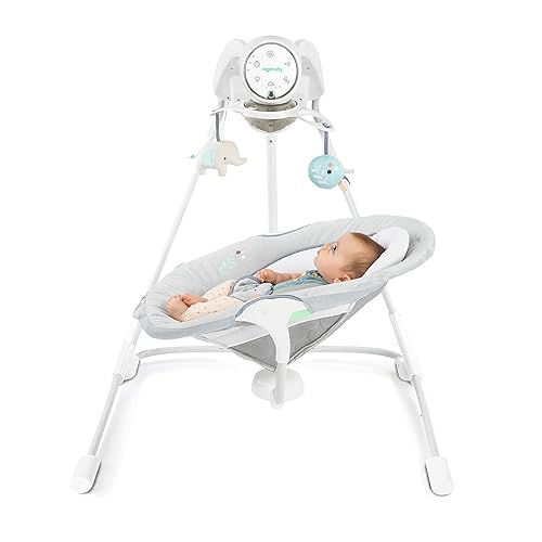 Ingenuity InLighten 5-Speed Baby Swing - Swivel Infant Seat, 5 Point Safety Harness, Nature Sounds, Lights - Nally Owl - Jamouz