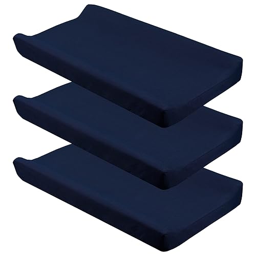 CaSaJa Navy Diaper Changing Pad Cover with Strap Holes Set of 3, Snug Fit 4-Sided Contoured Changing Table Pad 16x31 16x32, Fitted Change Pad Sheet for Baby Boy, 100% Silky Soft Microfiber - Jamouz