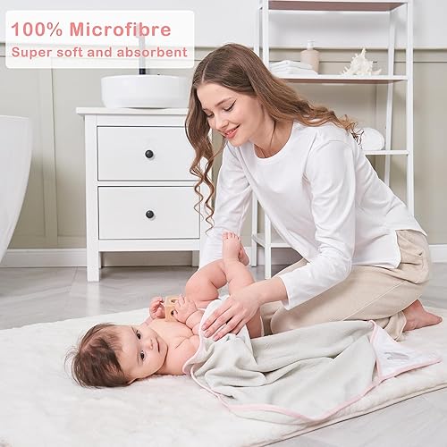 Viviland Baby Towels and Washcloths, Soft Absorbent Pink Baby Bath Towel Set, Elephant Hooded Towels with 5 Infant Face Washcloths (6 Pieces) - Jamouz