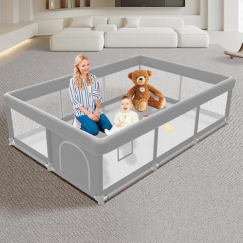 Baby Playpen with Mat 74x50 inch, Playpen for Babies and Toddlers, Baby Play Pen Design with External Zipper Gate, Baby Play Yard with Non-Slip Suction Cups on The Bottom, Baby Fence, Grey - Jamouz