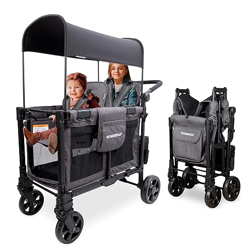 WONDERFOLD W2 Original + Stroller Wagon (2 Seater) - Collapsible Wagon Stroller with Seats with 5-Point Harnesses, Easy-Access Door, and Adjustable Sun Canopy, Black - Jamouz