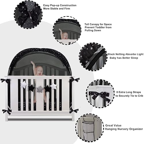 Safety Crib Tent to Keep Baby in Pop up Mosquito Net Netting Canopy Mesh Cover for Toddler - Black - Jamouz