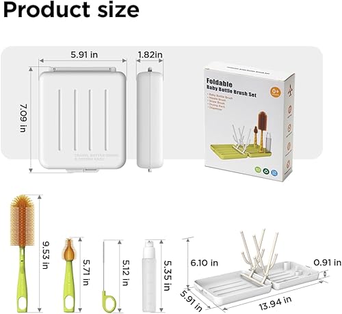 YOTIME Travel Bottle Brush, Travel Bottle Cleaner Kit with Foldable Bottle Drying Rack, for Visit Friends and Relations, Baby Travel Essentials, BPA Free, White - Jamouz