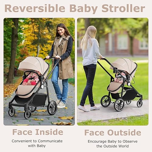 INFANS 2 in 1 Baby Stroller, High Landscape Infant Stroller & Reversible Bassinet Pram, Foldable Pushchair with Adjustable Canopy, Cup Holder, Storage Basket, Suspension Wheels (Grey) - Jamouz