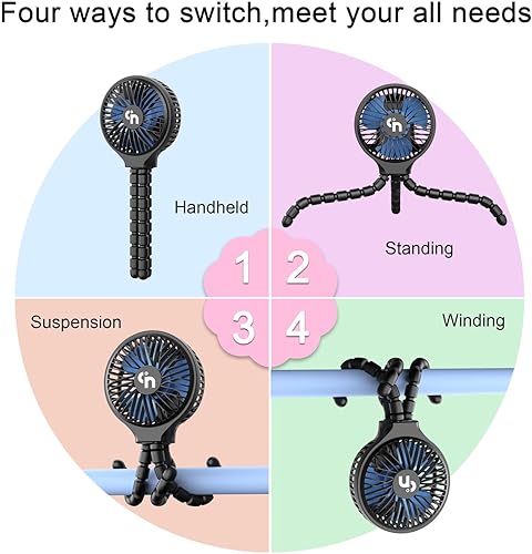 WEGA Stroller Fan Rechargeable Portable Battery Operated Car Seat Baby Fan,3 Speeds USB Personal Fan for Crib Treadmill HomeOffice and Travel (Black) - Jamouz