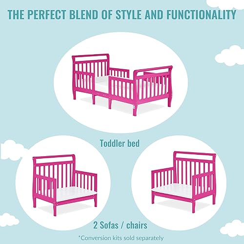 Emma 3-In-1 Convertible Toddler Bed In Fuschia Pink, Converts To Two Chairs And-Table, Low To Floor Design, JPMA Certified, Non-Toxic Finishes, Safety Rails - Jamouz