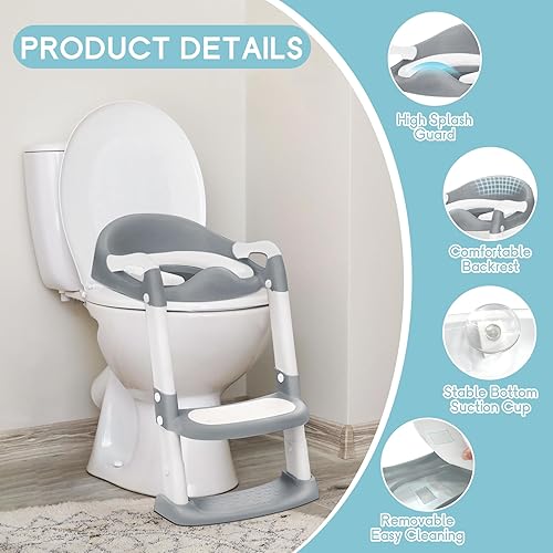 Potty Training Toilet with Step Stool Ladder, Toddler Kids Potty Training Seat for Boys Girls, Foldable Anti-Slip Toilet Toddler Seat Splash Guard Soft Cushion Safety Handles (Grey) - Jamouz