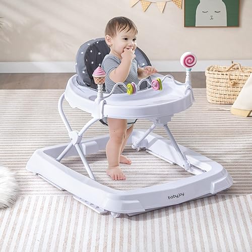 BABY JOY Baby Walker, Foldable Activity Walker Helper with Adjustable Height, Baby Activity Walker with High Back Padded Seat & Bear Toys (Gray, Star Pattern) - Jamouz