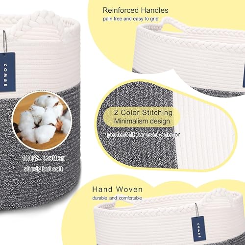 COMSE Extra Large Blanket Basket, Storage Basket, Laundry Basket, 21.7”x 13.8”, Laundry Hamper, Cotton Rope Basket, Blanket Basket Living Room, Toy Basket (White & Cadet Blue & Navy Blue) - Jamouz