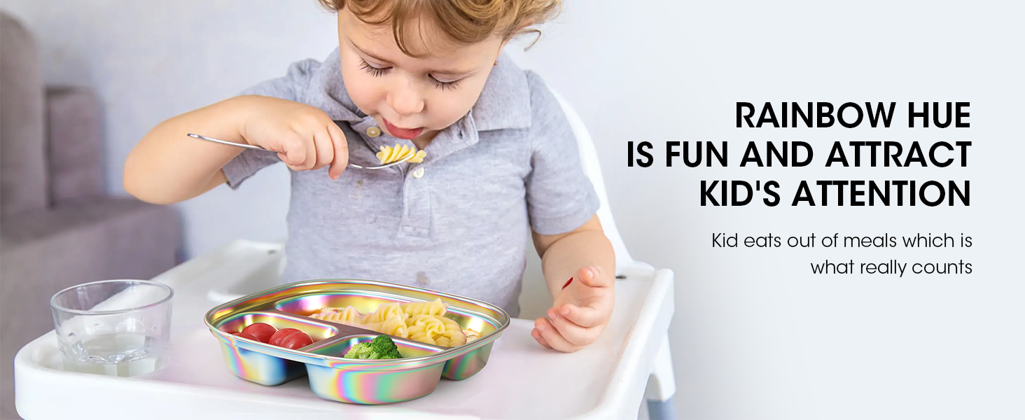 rainbow stainless steel kids plates with lids