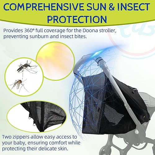 360° Full Coverage Stroller Sun & Insect Protection Cover Compatible with Doona Car Seat & Stroller Breathable Anti-UV Sunshade Extension Cover Fit for Doona Stroller Sun Shade Cover - Black - Jamouz