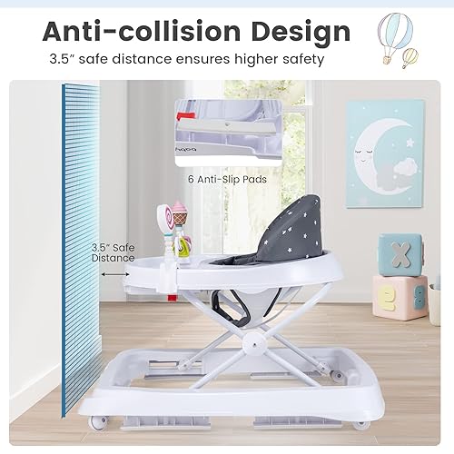 BABY JOY Baby Walker, Foldable Activity Walker Helper with Adjustable Height, Baby Activity Walker with High Back Padded Seat & Bear Toys (Gray, Star Pattern) - Jamouz