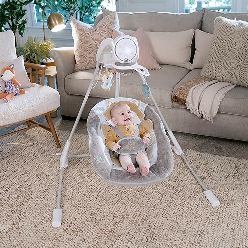 Ingenuity InLighten 5-Speed Baby Swing - Swivel Infant Seat, 5 Point Safety Harness, Nature Sounds, Lights - Nally Owl - Jamouz