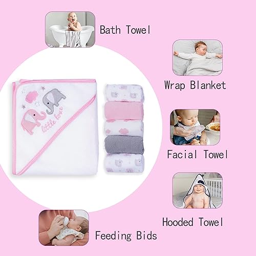 Viviland Baby Towels and Washcloths, Soft Absorbent Pink Baby Bath Towel Set, Elephant Hooded Towels with 5 Infant Face Washcloths (6 Pieces) - Jamouz