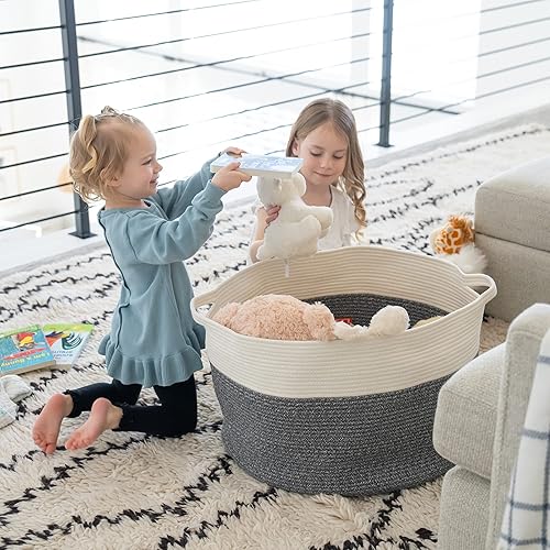 Little Hippo XXXL Large Cotton Rope Basket (22'x14') 100% Natural Cotton! Rope Basket, Woven Storage Basket, Large Basket, Blanket Basket Living Room, Toy Basket, Pillow Basket (White & Brown) - Jamouz