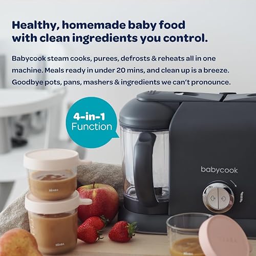 BEABA Babycook Duo 4 in 1 Baby Food Maker, Puree Steamer and Blender for Purees, Grinder with Auto Steam Cooking, Lrg 9.1 Cup Capacity, Makes 54 Servings in 20 Mins, Charcoal - Jamouz
