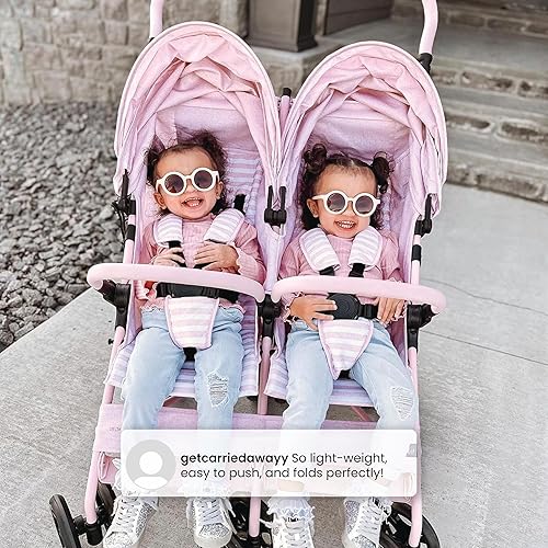 GAP babyGap Classic Side-by-Side Double Stroller - Lightweight Double Stroller with Recline, Extendable Sun Visors & Compact Fold - Made with Sustainable Materials, Grey Stripes - Jamouz