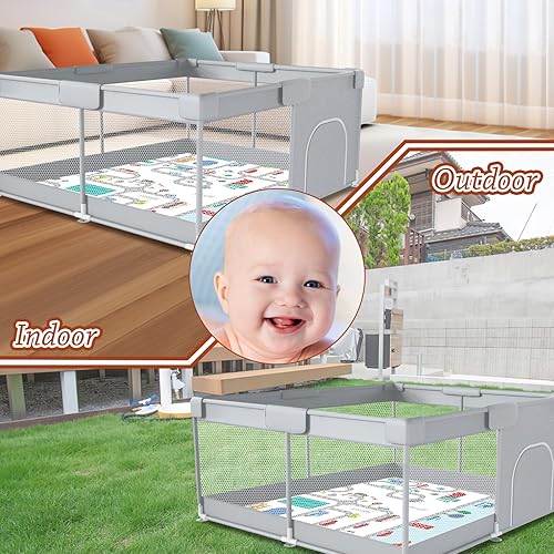 Baby Playpen with Mat 74x50 inch, Playpen for Babies and Toddlers, Baby Play Pen Design with External Zipper Gate, Baby Play Yard with Non-Slip Suction Cups on The Bottom, Baby Fence, Grey - Jamouz