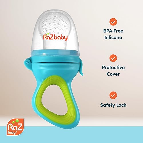 RaZbaby Baby Solids/Frozen Fruit Feeder Pacifier, Infant Teether Toy 6M+, BPA-Free Silicone Pouch & Nipple, Safely Introduce Solids, Teething Relief, Dishwasher Safe, 2-Pack – Orange/Blue + Green/Blue - Jamouz