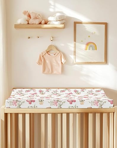 Changing Pad Cover for Baby Boy Girl 2 Pack, Muslin Changing Table Pad Covers with Boho Style, Neutral Nursery Bedding Essentials Soft and Breathable(Dusty Rose & Flower-A) - Jamouz